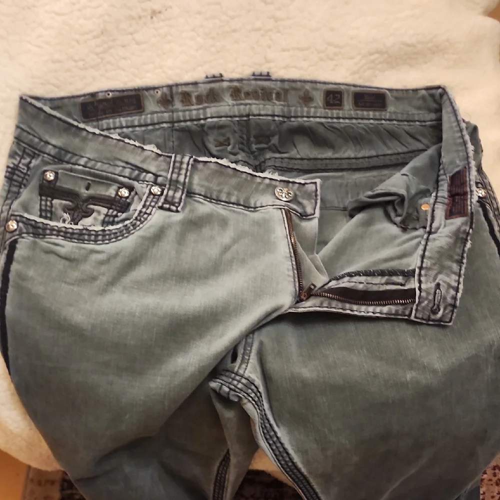 Rock Revival Gray Boot Cut Jeans with Black Embroidery - Picture 2 of 5